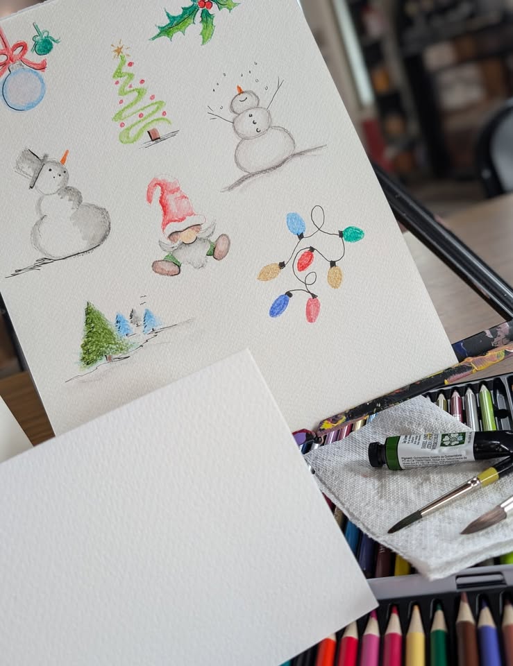 watercolor painting of Santa and Christmas images on white paper