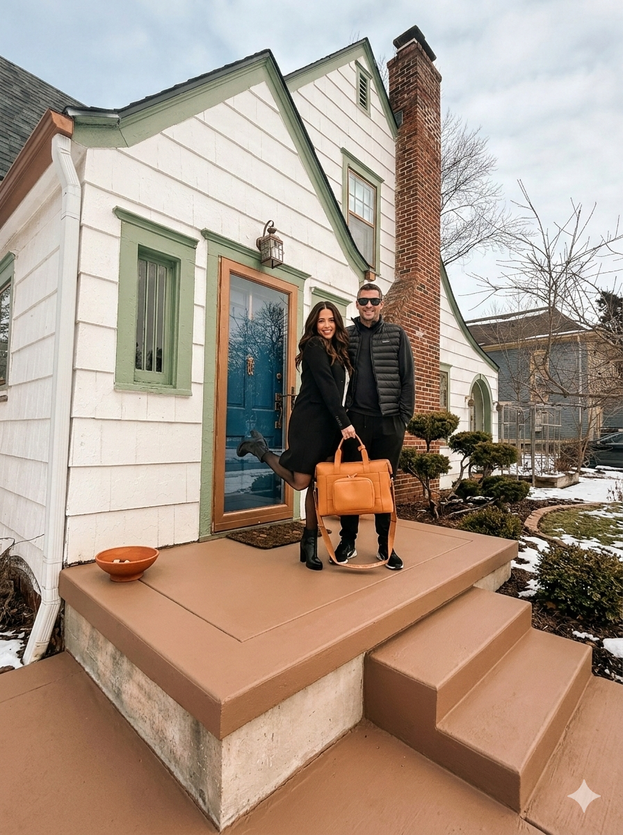 Attractive dark haired woman and man checking into Airbnb cottage for weekend